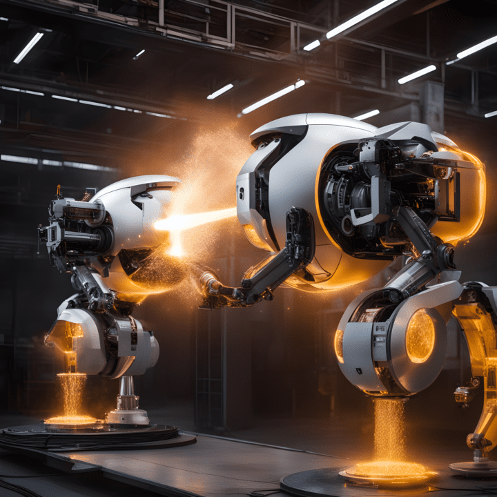 advanced computing in nuclear fusion The image presents two highly sophisticated robots in an industrial setting. Here are the key features:
Robots: Both robots have a sleek, white outer casing. Their design is reminiscent of modern manufacturing robots, with multiple articulated joints. The "head" or upper part of each robot is spherical and appears to be equipped with various sensors or cameras. Their arms are mechanical and segmented, allowing for a wide range of motion.
Activity: One of the robots is emanating a vibrant, golden glow, possibly indicating some kind of welding or cutting activity. This creates a dramatic burst of sparks and particles that cascade downward, illuminating the scene with a fiery hue.
Environment: They are situated in a large industrial space with metal frameworks. Overhead, there are bright linear lights that illuminate the area, further highlighting the central action. The floor beneath the robots seems to be metallic, reflecting some of the light and adding to the overall ambiance.
Details: On the base of the robots, you can spot plaques with inscriptions, though the exact text isn't discernible from the image. Additionally, cables and wires can be seen connected to the robots, suggesting they are either drawing power or interfacing with a larger system.
The overall mood conveyed is one of high-tech industrial activity, showcasing the capabilities of modern robotics in a manufacturing or research setting.