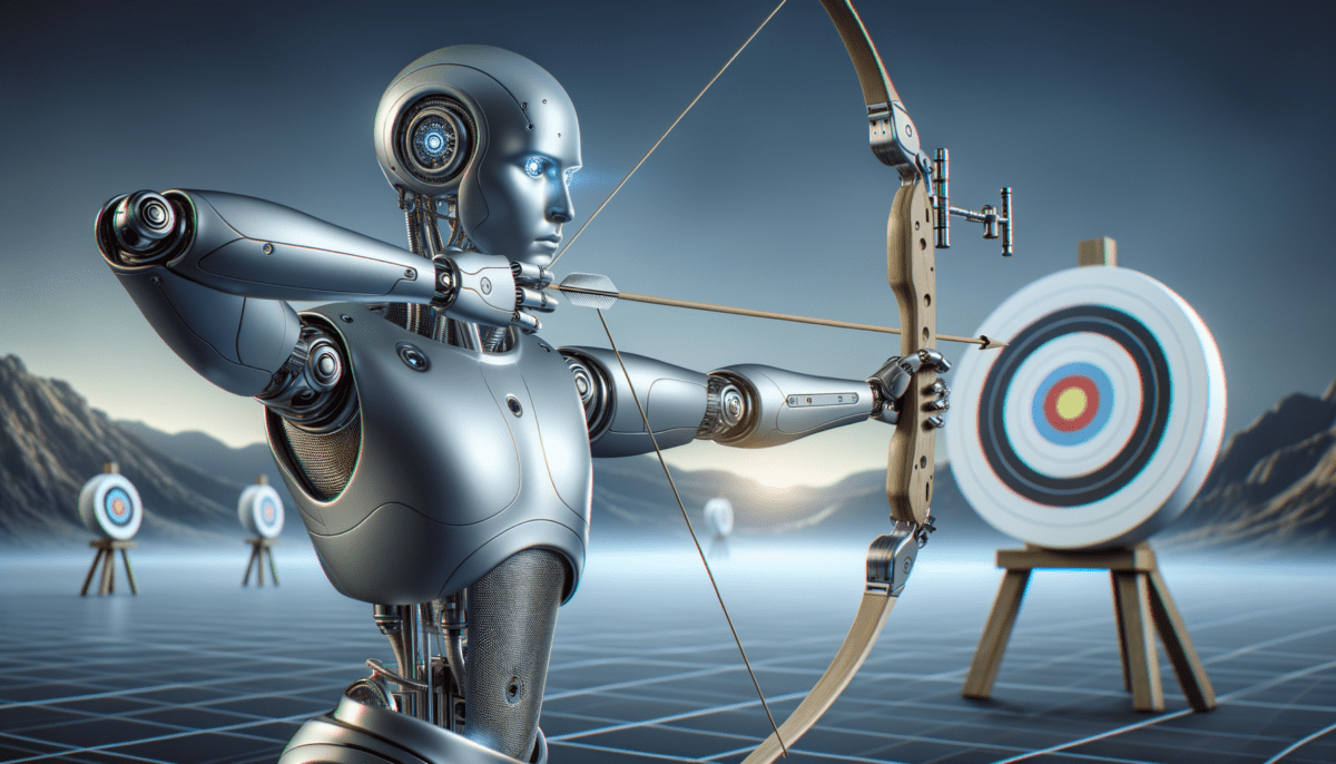 Android Robot taking target practice with bow and arrow