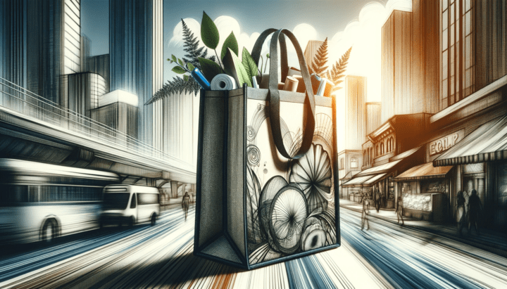 Artistic representation of the Eco-Carry case study_ a close-up view of a stylish, reusable bag, prominently featured in a shopping or urban environment