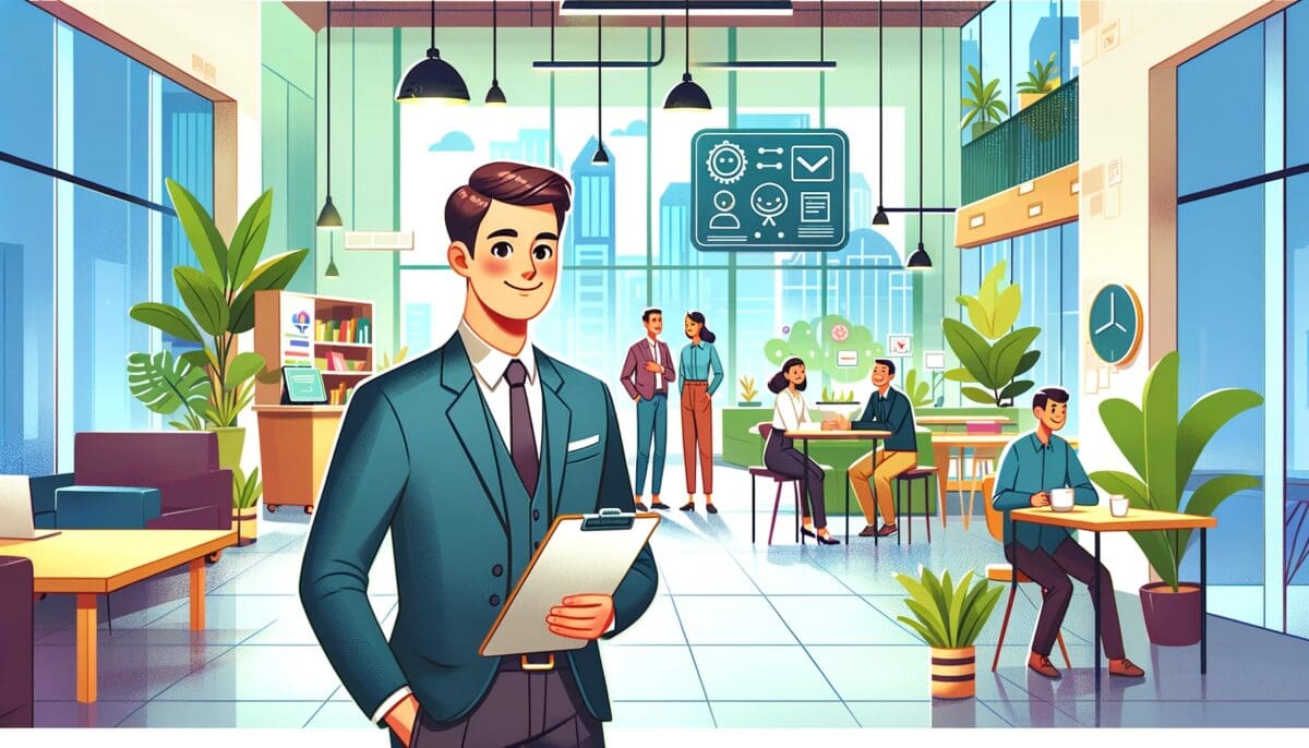 A cartoon image of a manager in a vibrant, modern office setting. The manager is depicted as a friendly, approachable character, standing confidently .