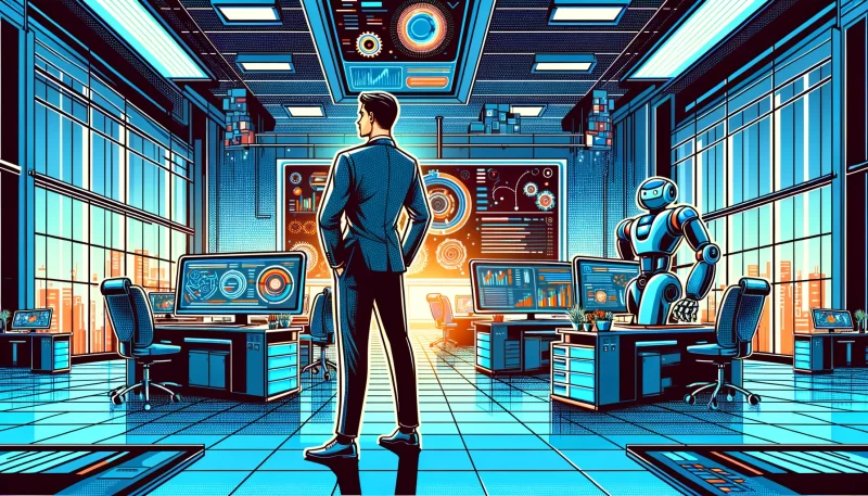 illustration in a modern comic book style that depicts a small and medium-sized business (SMB) owner standing confidently in their automated workspace. This vibrant scene captures the business owner as a dynamic and forward-thinking figure, surrounded by advanced automation technology. Visual elements include screens displaying data analytics, automated machinery efficiently handling tasks, and robotic assistants aiding in the workflow. The setting is a sleek, futuristic environment that symbolizes efficiency and innovation. This image emphasizes the positive impact of automation on SMBs, showcasing the empowerment and success technology brings to entrepreneurs.