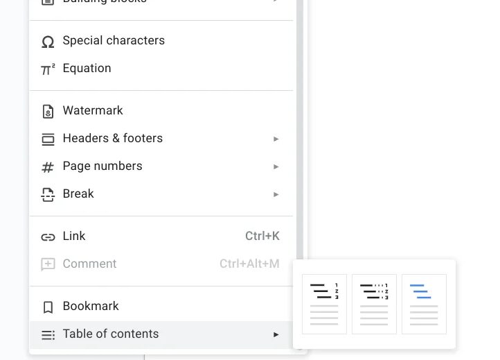 Google Docs Menu Showing Table of Contents button